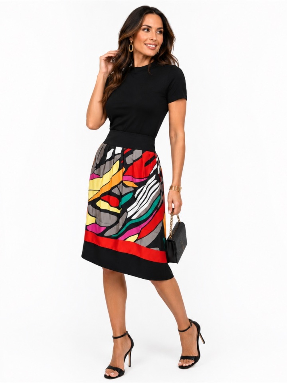 Nygard Collection “NEW” Unique Black Colorful Silk Art Deco Midi Skirt Size 12